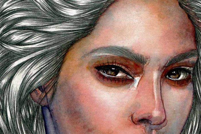 Detail of watercolor and graphite pencil portrait on paper by Raquel Saavedra - Breeze