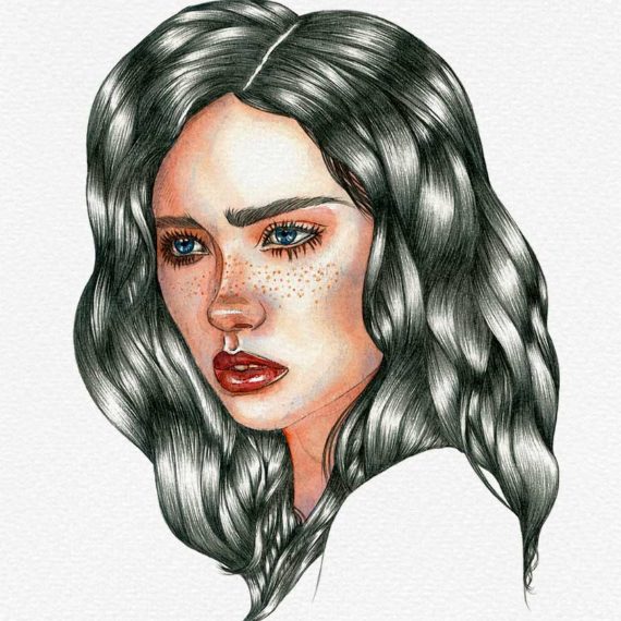 Watercolor and graphite pencil portrait on paper by Raquel Saavedra - Deep
