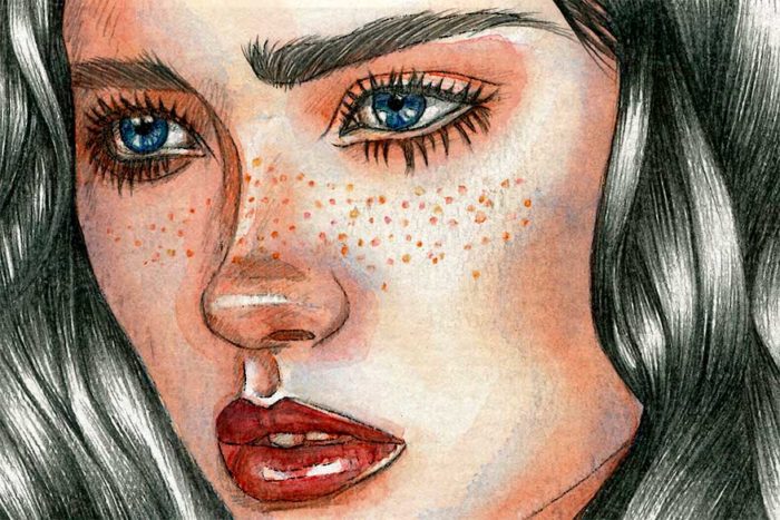 Detail of watercolor and graphite pencil portrait on paper by Raquel Saavedra - Deep
