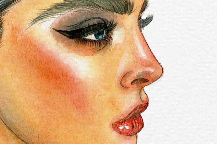 Detail of watercolor and graphite pencil portrait on paper by Raquel Saavedra - Emily