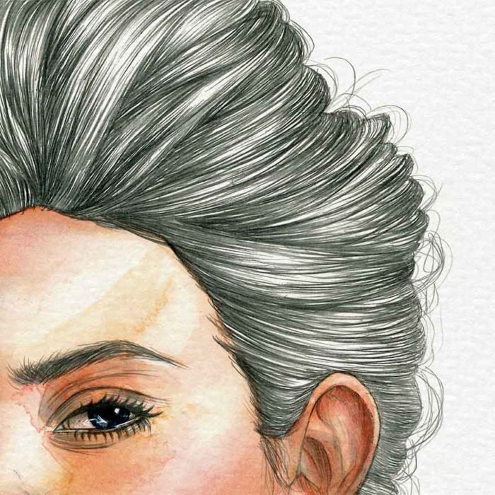 Detail of watercolor and graphite pencil portrait on paper by Raquel Saavedra - Here