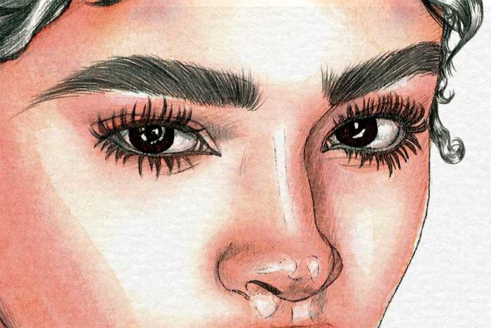Detail of watercolor and graphite pencil portrait on paper by Raquel Saavedra - Lady