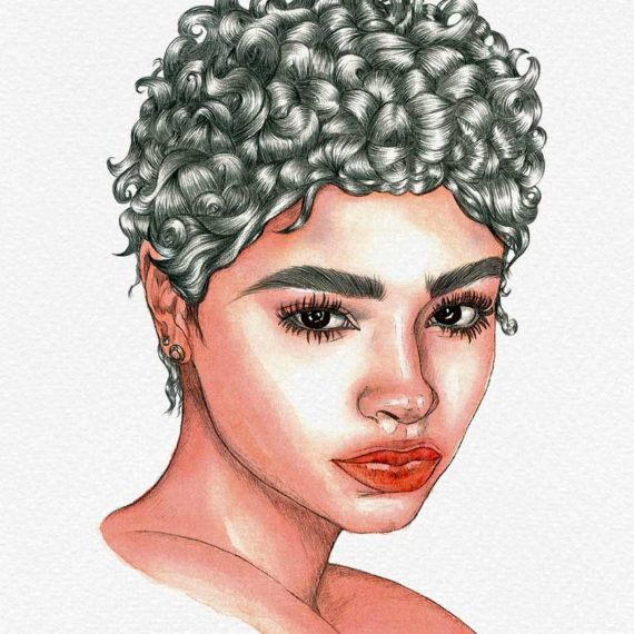 Watercolor and graphite pencil portrait on paper by Raquel Saavedra - Lady