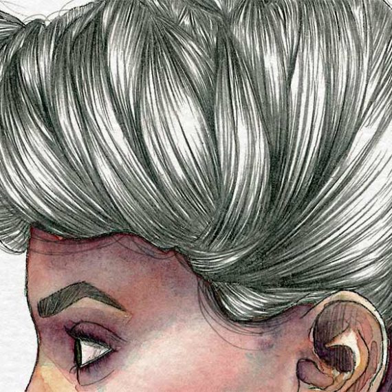 Detail of watercolor and graphite pencil portrait on paper by Raquel Saavedra - Silence