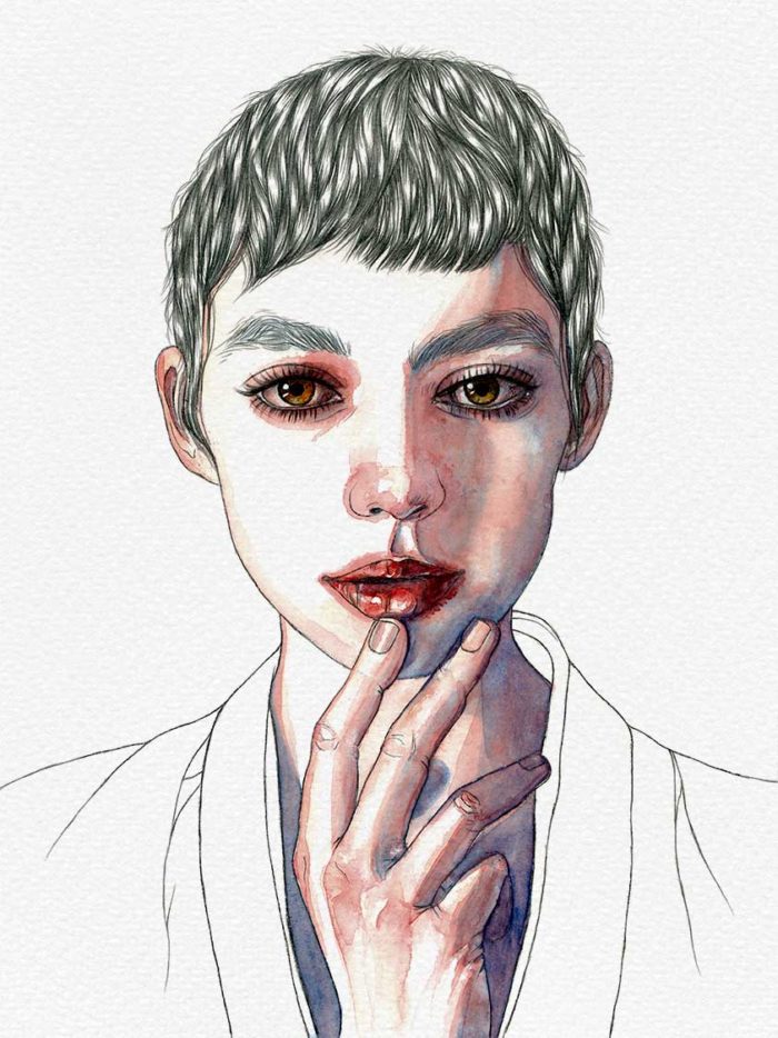 Watercolor and graphite pencil portrait on paper by Raquel Saavedra - Still winter