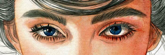 Detail of watercolor and graphite pencil portrait on paper by Raquel Saavedra - Sure