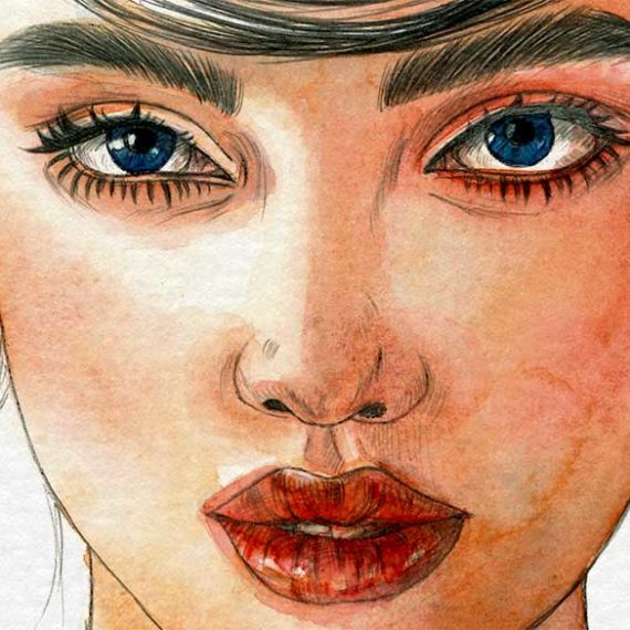 Detail of watercolor and graphite pencil portrait on paper by Raquel Saavedra - Sure
