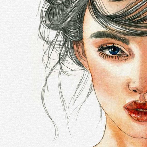 Detail of watercolor and graphite pencil portrait on paper by Raquel Saavedra - Sure