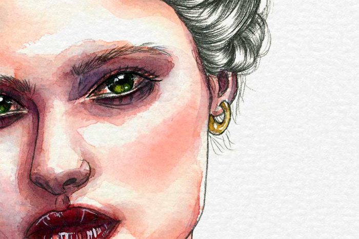 Detail of watercolor and graphite pencil portrait on paper by Raquel Saavedra - A new vision