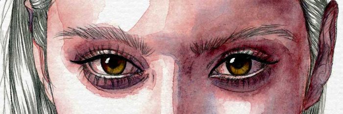 Detail of watercolor and graphite pencil portrait on paper by Raquel Saavedra - And now what?