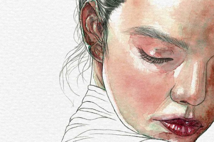 Detail of Anya Taylor-Joy´s watercolor and graphite pencil portrait on paper by Raquel Saavedra.