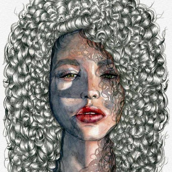 Watercolor and graphite pencil portrait on paper by Raquel Saavedra.