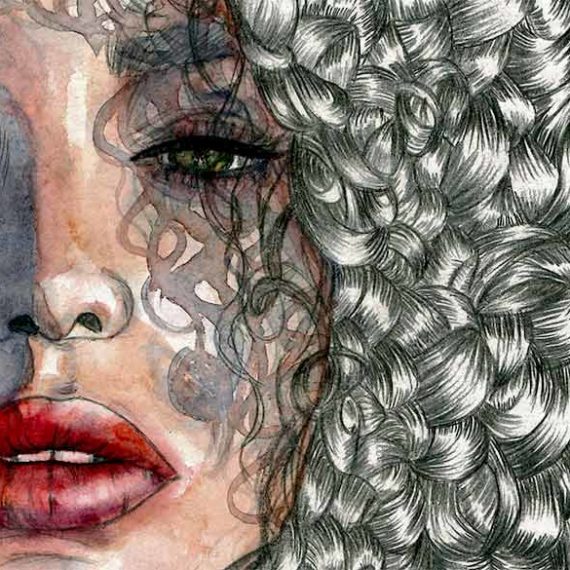Detail of watercolor and graphite pencil portrait on paper by Raquel Saavedra - Dawn