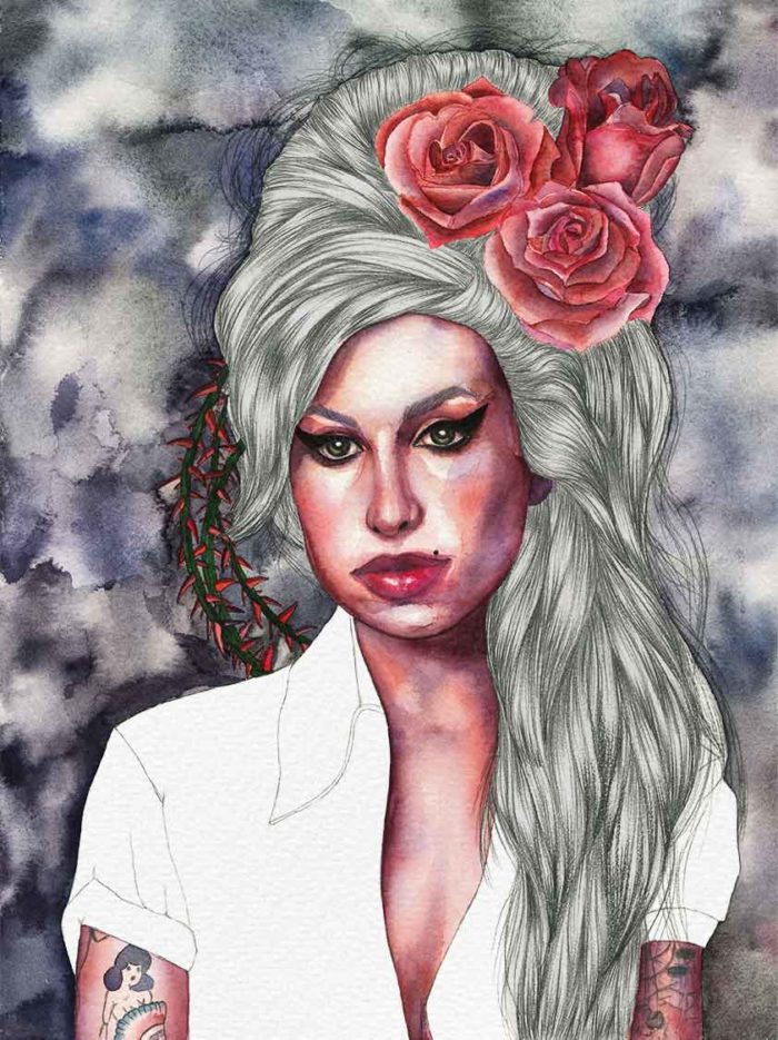 Amy Winehouse watercolor portrait by Raquel Saavedra