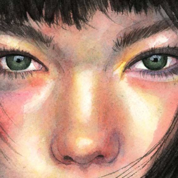 Björk watercolor portrait detail by Raquel Saavedra