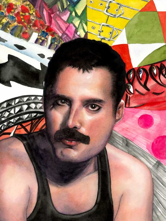 Freddie Mercury watercolor portrait by Raquel Saavedra artist