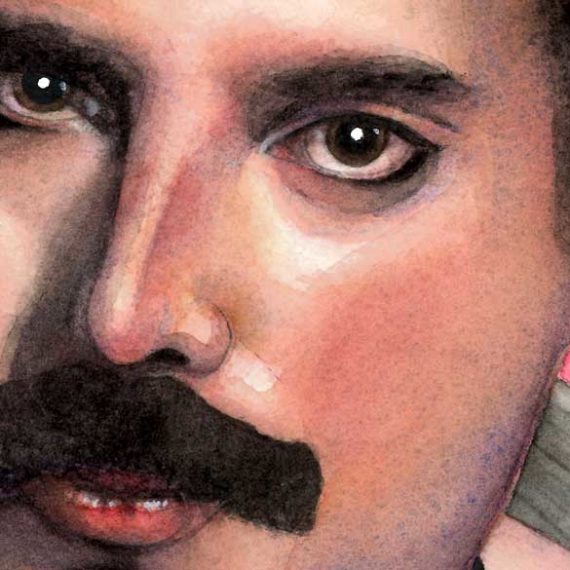 Freddie Mercury watercolor portrait detail by Raquel Saavedra artist