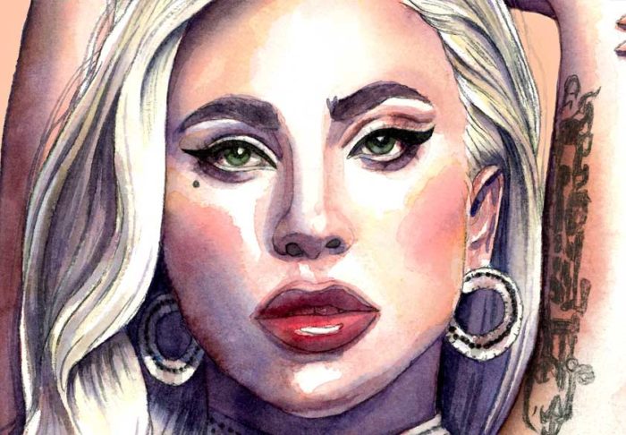 Lady Gaga watercolor portrait detail by Raquel Saavedra